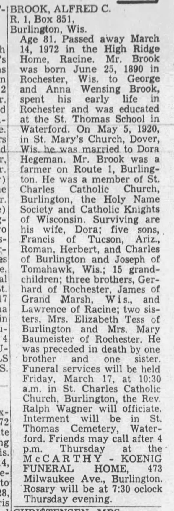 Alfred C Brook Burlington 1972 Death